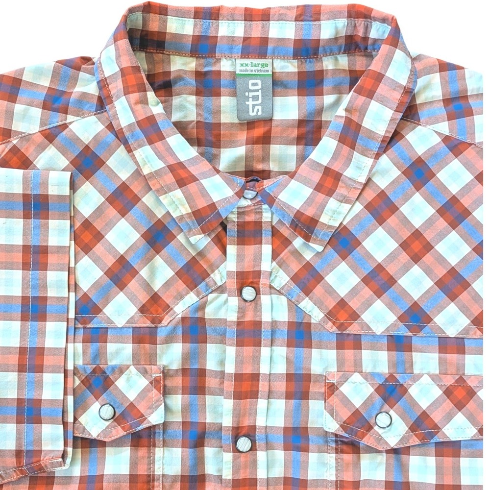 Stio Mens Eddy XXL Short Sleeve Western Pearl Snap Plaid Shirt Orange Blue White